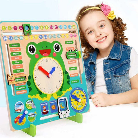 Wooden Multifunction Calendar Clock – Educational Toy for Learning Time, Days & Weather