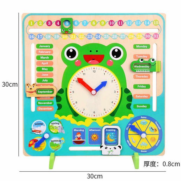 Wooden Multifunction Calendar Clock – Educational Toy for Learning Time, Days & Weather