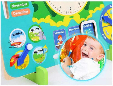 Wooden Multifunction Calendar Clock – Educational Toy for Learning Time, Days & Weather