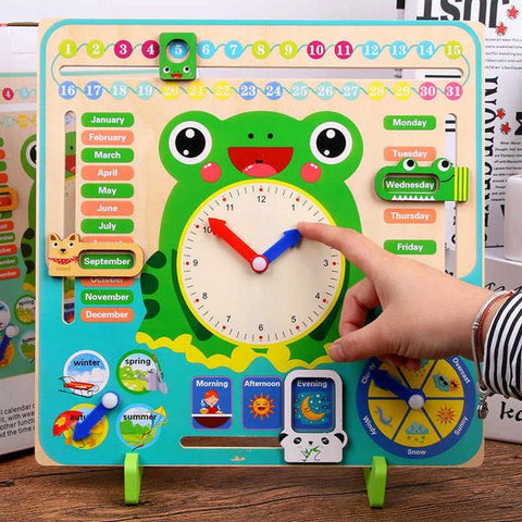 Wooden Multifunction Calendar Clock – Educational Toy for Learning Time, Days & Weather