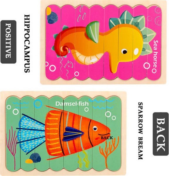 Extrokids Wooden Double Sided 8Pc Stick Puzzle Damsel Fish With Sea Horse - EKT1632