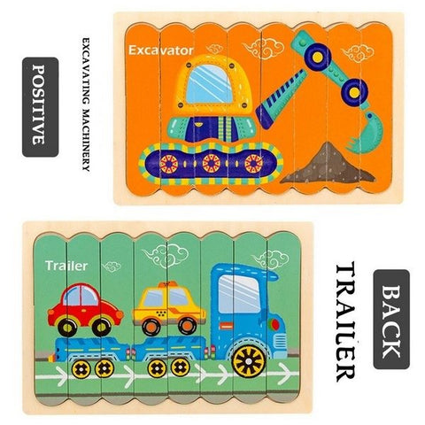 Extrokids Wooden Double Sided 8Pc Stick Puzzle Trailer With Excavator - EKT1633