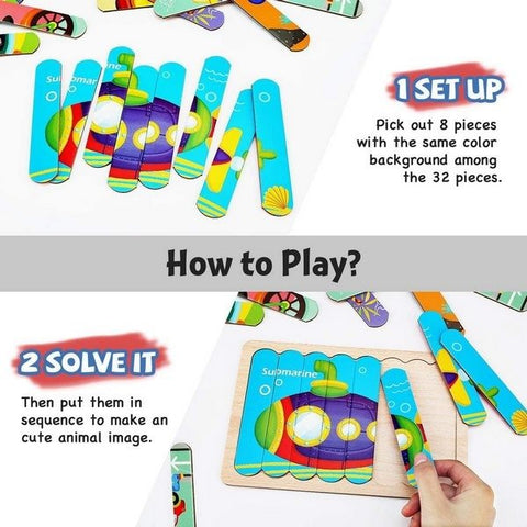 Extrokids Wooden Double Sided 8Pc Stick Puzzle Submarine With Steamer - EKT1634