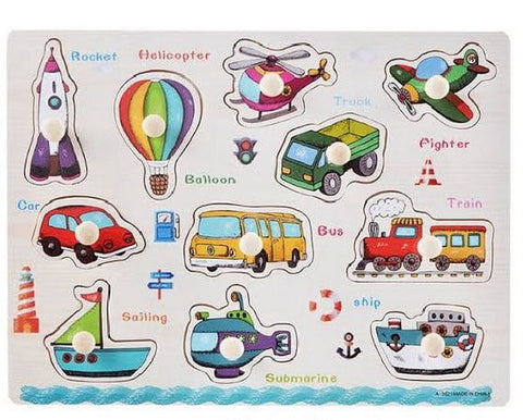 Extrokids Wooden Montessori Puzzle Hand Grab Board With Cartoon Vehicle - EKT1727
