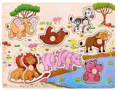 Extrokids Wooden Montessori Puzzle Hand Grab Board With Cartoon Animals Set 3 - EKT1735