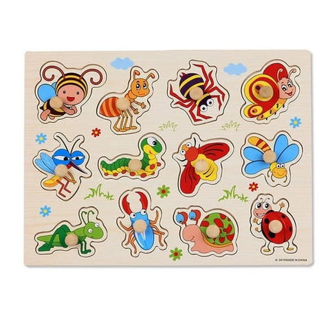 Extrokids Wooden Montessori Puzzle Hand Grab Board With Cartoon Insects - EKT1738