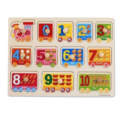 Extrokids Wooden Montessori Puzzle Hand Grab Board With Cartoon 10 Numbers with Train design - EKT1739