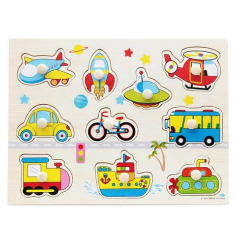 Extrokids Wooden Montessori Puzzle Hand Grab Board With Cartoon Transport Vehicle - EKT1741