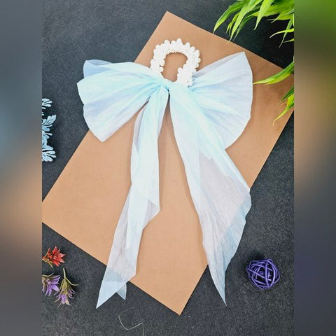 Rubber Band Pearl Bow Sky Blue 1pc - EKAS0027