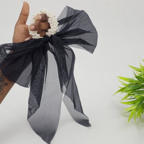 Rubber Band Pearl Bow Black 1pc - EKAS0028