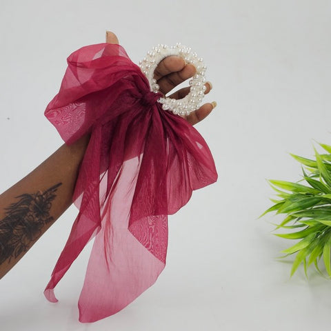 Rubber Band Pearl Bow Marron 1pc - EKAS0030