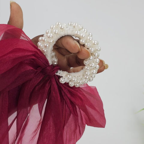 Rubber Band Pearl Bow Marron 1pc - EKAS0030