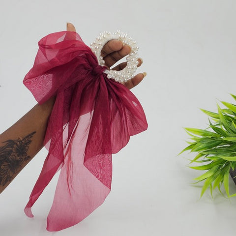 Rubber Band Pearl Bow Marron 1pc - EKAS0030