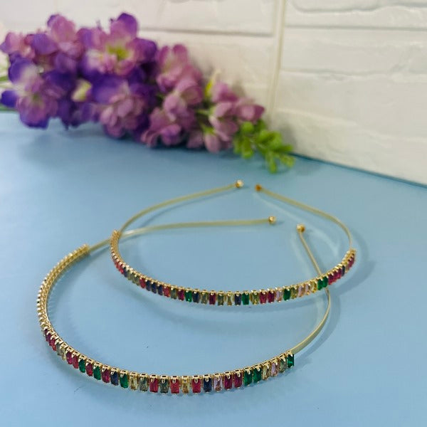 Gold Head Band With Multicolor Stone 1pc - EKAS0055