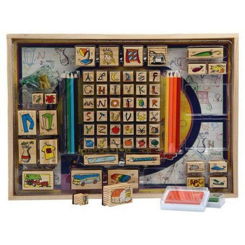 Extrokids Wooden Early Learning Stamp Art Toy with 26 Number and Picture Stamp, Storage Box and Washable Inks for Kids  (Multicolor) - EKR0002
