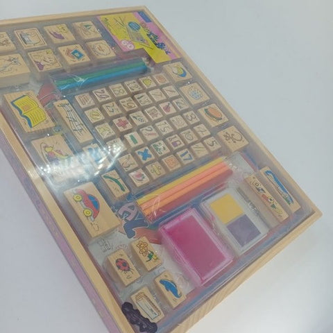 Wooden Educational Digital Stamp Art Toy with 26 Numbers and Picture Stamp, Storage Box, Pencil Colours - EKSD0080
