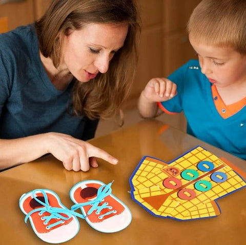 Extrokids Wooden Boy Wear Shoes With Sewing Shirt Button Toy Childrens Early Educational Thread Toy - ekt1520