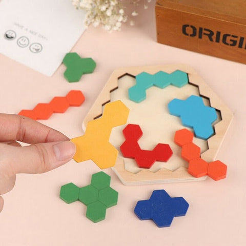 Extrokids Wooden Hexagon Puzzle Shape Pattern Block Tangram Brain Teaser - EKT1890