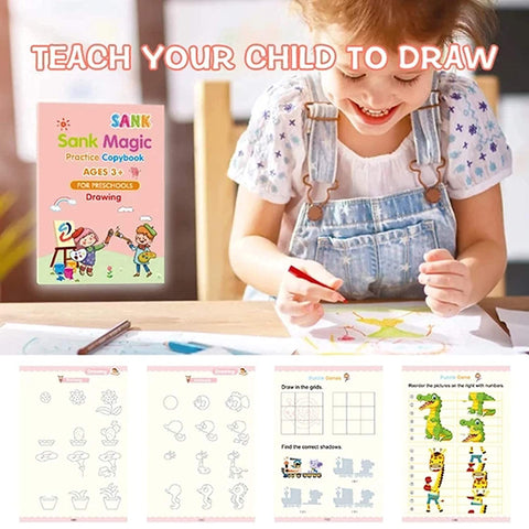 Sank Magic Practice Copybook Set for Preschoolers | Reusable Tracing Books for Numbers, Math, Drawing & Alphabets (4 Books, 1 Pen with Refills)