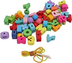 Wooden Chunky Alphanumeric blocks with Beads for lacing - EKT2348