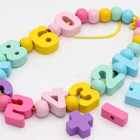 Wooden Chunky Alphanumeric blocks with Beads for lacing - EKT2348