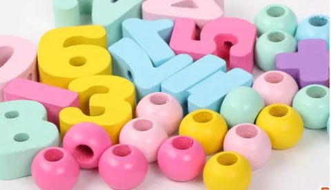 Wooden Chunky Alphanumeric blocks with Beads for lacing - EKT2348