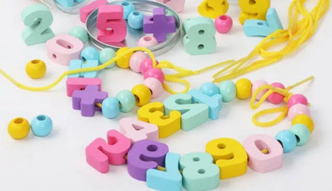 Wooden Chunky Alphanumeric blocks with Beads for lacing - EKT2348