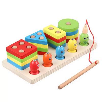 Wooden Fourcolumn shape sorter pus fishing game - 2 in 1 purpose - EKT2479