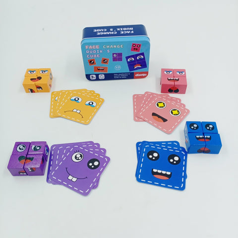 Wooden Face change cube game - Mind challenge With Tin Box - EKT2482
