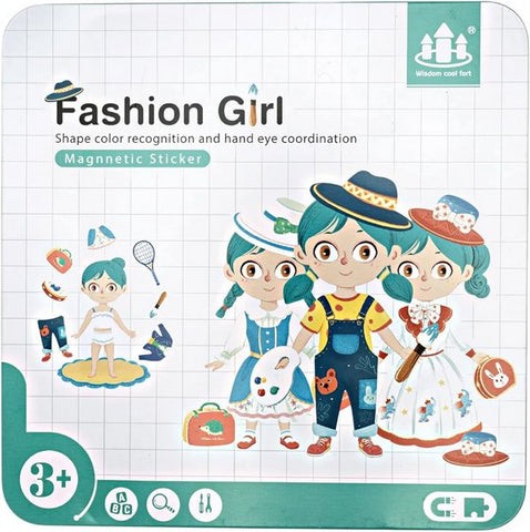 Wooden magnetic sticker puzzle with tin storage box - travel friendly -  - FASHION GIRL - EKT2486
