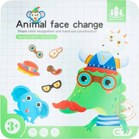 Wooden magnetic sticker puzzle with tin storage box - travel friendly -  - ANIMAL FACE CHANGE - EKT2491