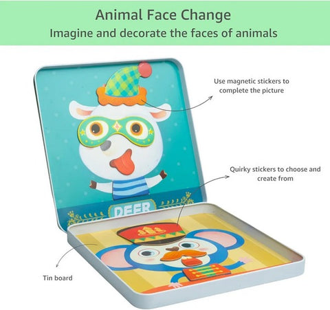 Wooden magnetic sticker puzzle with tin storage box - travel friendly -  - ANIMAL FACE CHANGE - EKT2491