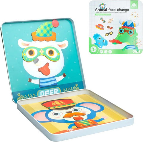 Wooden magnetic sticker puzzle with tin storage box - travel friendly -  - ANIMAL FACE CHANGE - EKT2491