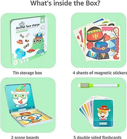 Wooden magnetic sticker puzzle with tin storage box - travel friendly -  - ANIMAL FACE CHANGE - EKT2491