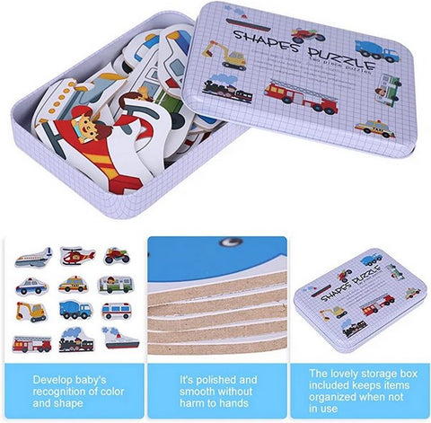 Wooden 2 pc shape puzzle Vehicles with steel box - EKT2688