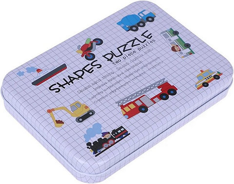 Wooden 2 pc shape puzzle Vehicles with steel box - EKT2688