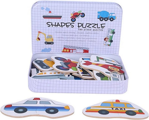 Wooden 2 pc shape puzzle Vehicles with steel box - EKT2688