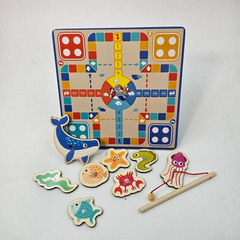 Wooden 2 in 1 board fishing and games - sea animals  - EKT2708