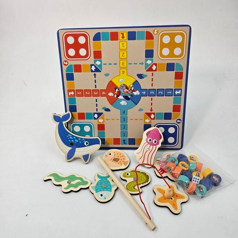 Wooden 2 in 1 board fishing and games - sea animals  - EKT2708