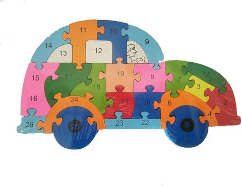 Wooden Alphabet And Number Chuncky Jigsaw Puzzle Car - EKT2981