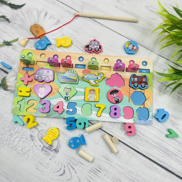 Wooden 5-in-1 Learning Activity Board | Explore Numbers, Professions, Vehicles & Magnetic Fishing