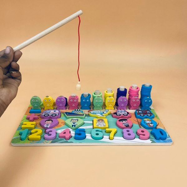 Wooden 5-in-1 Learning Activity Board | Explore Numbers, Professions, Vehicles & Magnetic Fishing