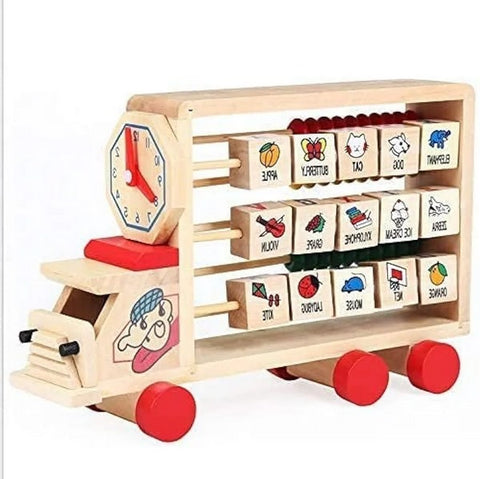 3-in-1 Wooden Learning Vehicle | Abacus, Time-Telling & English Words