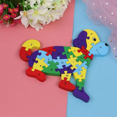 Wooden alphabet and number Chunky Jigsaw puzzles Dog  - EKT3142