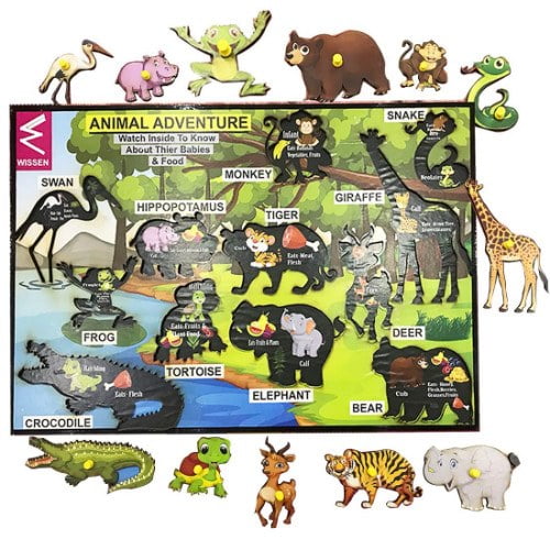 Extrokids Wooden Educational Jungle theme Animal Learning Educational Knob Tray-12*18 inch - EKW0048