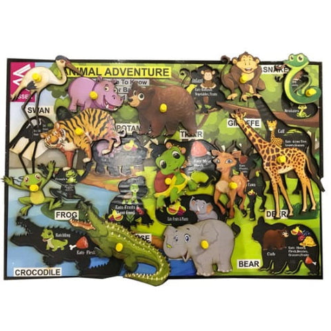 Extrokids Wooden Educational Jungle theme Animal Learning Educational Knob Tray-12*18 inch - EKW0048