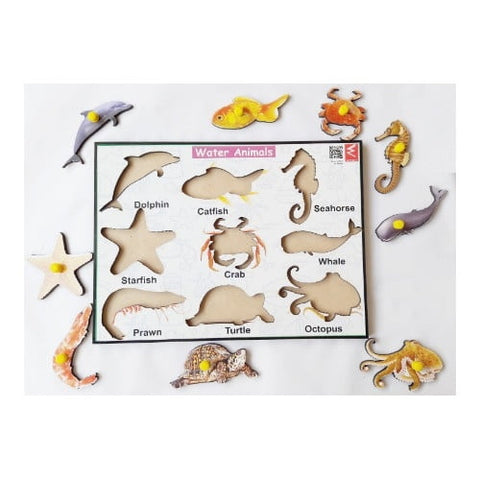 Extrokids Wooden Water Animals learning Educational Knob Tray-12*9 inch - EKW0050