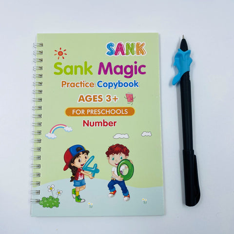 Sank Magic Practice Copybook Set for Preschoolers | Reusable Tracing Books for Numbers, Math, Drawing & Alphabets (4 Books, 1 Pen with Refills)