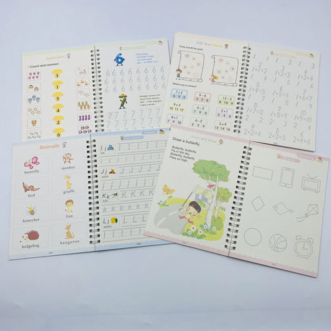 Sank Magic Practice Copybook Set for Preschoolers | Reusable Tracing Books for Numbers, Math, Drawing & Alphabets (4 Books, 1 Pen with Refills)