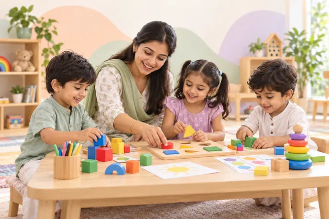 Teacher and children using learning toys